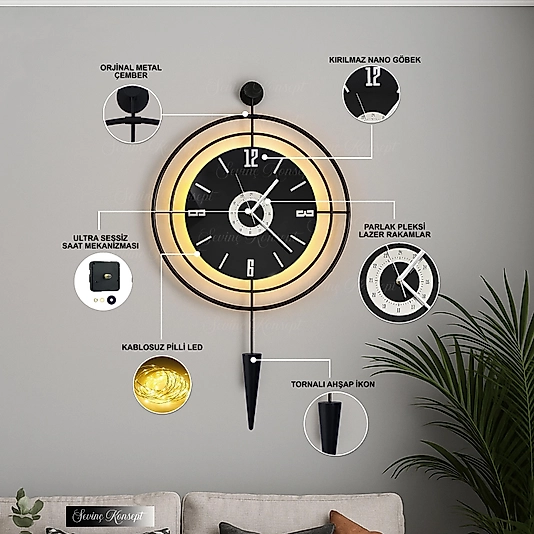 Led'li SİYAH Target Pendulum NERO 24 (Büyük Boy 50*90 cm) Dekoratif Metal Duvar Saati