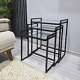 3'lü SİYAH Rana Sehpa, Şeffaf Camlı, Çok Amaçlı Zigon Sehpa, Yan Sehpa, Orta Sehpa, Metal Sehpa