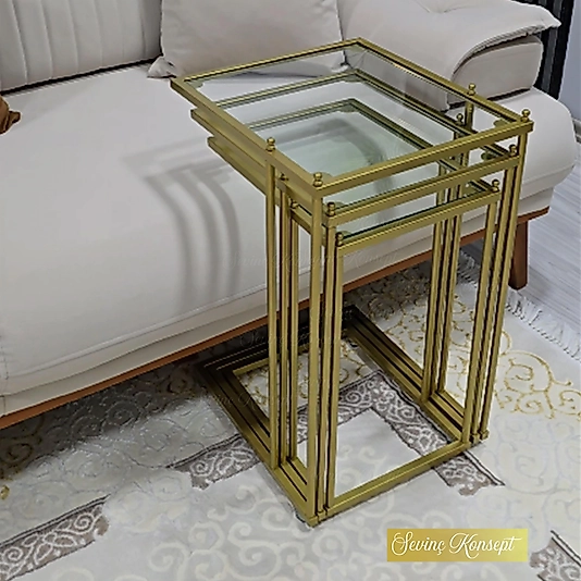 3'lü GOLD Tekerlekli C Sehpa, ŞEFFAF CAM, Güvenilir 6 mm Kalın Camlı, Çok Amaçlı Metal Zigon Sehpa