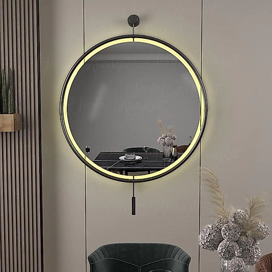LED li İzmir Ayna SİYAH 60 cm Dekoratif Hol Koridor Duvar Salon Mutfak Banyo Wc Ofis Makyaj Aynası