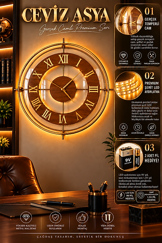 LED ışıklı GOLD ASYA İskandinav (Büyük Boy 50 x 50 cm) Modern Dekoratif Metal Duvar Saati