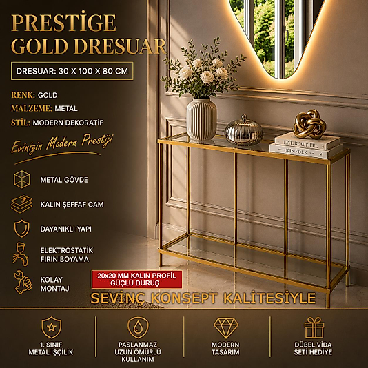 GOLD Prestige Dresuar, 6 mm Kalın Güvenilir Şeffaf Camlı, Dekoratif Cam Raflı Metal Dresuar Konsol