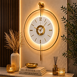 LED'li GOLD Tiktok Orjin (BÜYÜK BOY 50 x 75 CM) Nano ABS Kırılmaz Göbek, Modern Dekoratif Sarkaçlı Metal Duvar Saati