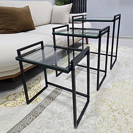 3'lü SİYAH Rana Sehpa, Şeffaf Camlı, Çok Amaçlı Zigon Sehpa, Yan Sehpa, Orta Sehpa, Metal Sehpa