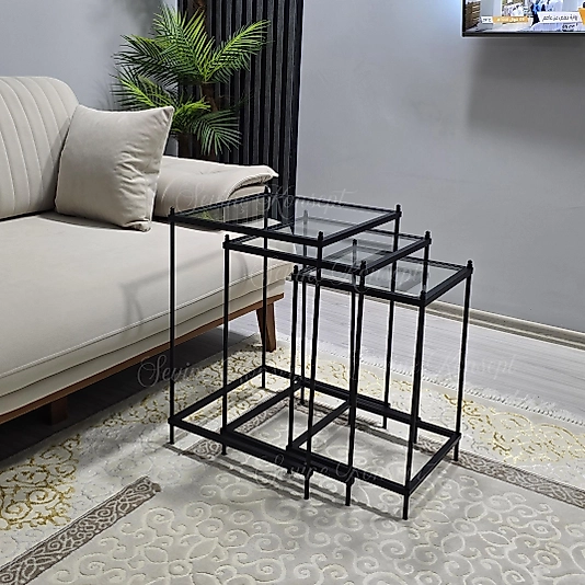 3 lü Vera Black Şeffaf Camlı, Çok Amaçlı Metal Zigon Yan Sehpa