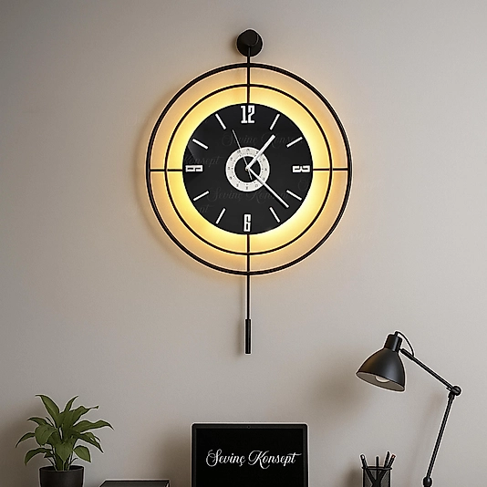 Led'li SİYAH Target NERO 24 (Büyük Boy 50*75 cm) Dekoratif Metal Duvar Saati