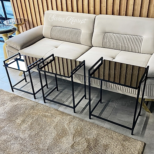 3'lü SİYAH Rana Sehpa, FÜME Aynalı Camlı, Çok Amaçlı Zigon Sehpa, Yan Sehpa, Orta Sehpa, Metal Sehpa