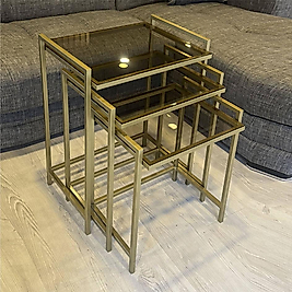 3'lü GOLD Rana Sehpa, BRONZ Camlı, Çok Amaçlı Zigon Sehpa, Yan Sehpa, Metal Sehpa