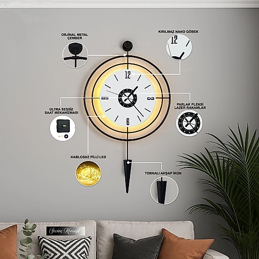 LED'li SİYAH Target Pendulum Kristal (BÜYÜK BOY 50 X 75 Cm), Modern Dekoratif Metal Duvar Saati