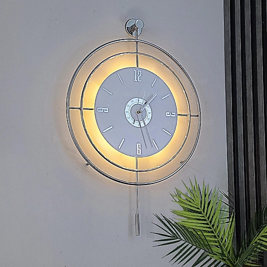 LED'li GÜMÜŞ Target Kristal (BÜYÜK BOY 50 X 75 Cm), Modern Dekoratif Metal Duvar Saati