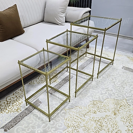 3 lü Vera Gold Şeffaf Camlı, Çok Amaçlı Metal Zigon Yan Sehpa