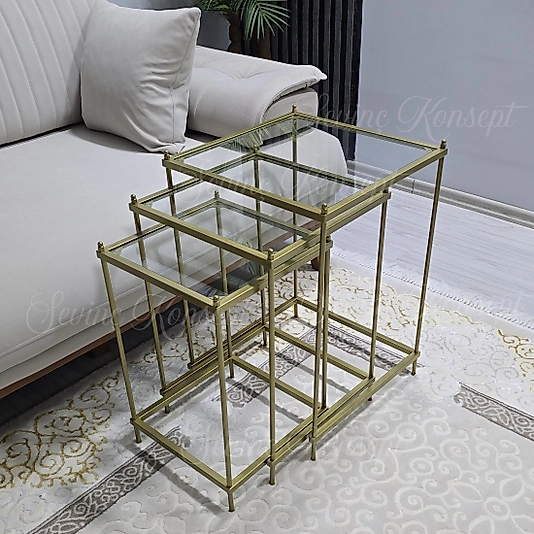 3 lü Vera Gold Şeffaf Camlı, Çok Amaçlı Metal Zigon Yan Sehpa