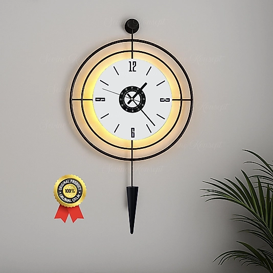 LED'li SİYAH Target Pendulum Kristal (BÜYÜK BOY 50 X 75 Cm), Modern Dekoratif Metal Duvar Saati