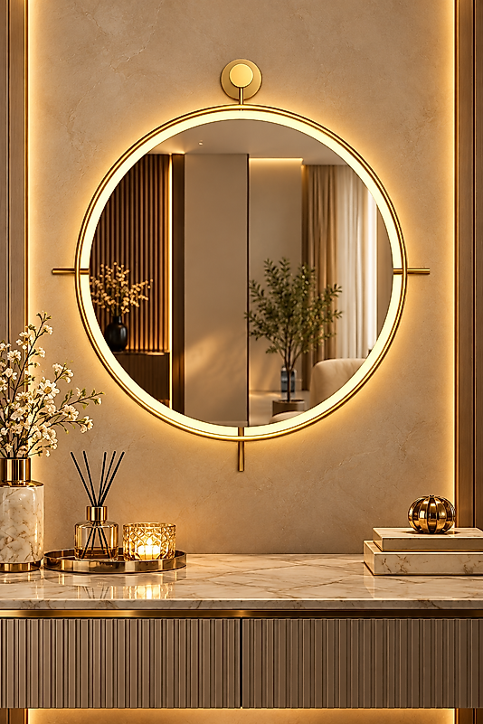 LED li Simirna Ayna GOLD 60 cm Dekoratif Hol Koridor Duvar Salon Mutfak Banyo Wc Ofis Makyaj Aynası