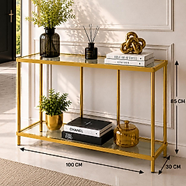 GOLD Prestige Dresuar, 6 mm Kalın Güvenilir Şeffaf Camlı, Dekoratif Cam Raflı Metal Dresuar Konsol