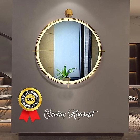 LED li Simirna Ayna GOLD 60 cm Dekoratif Hol Koridor Duvar Salon Mutfak Banyo Wc Ofis Makyaj Aynası