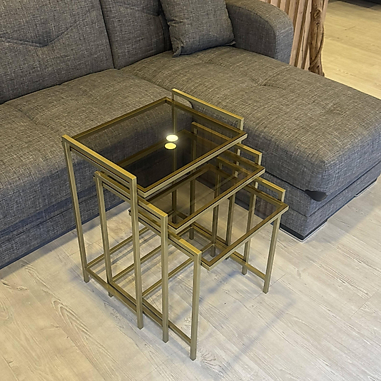 3'lü GOLD Rana Sehpa, BRONZ Camlı, Çok Amaçlı Zigon Sehpa, Yan Sehpa, Metal Sehpa