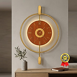 Led'li GOLD Ceviz İNCİ 24 (Büyük Boy 50 X 75 Cm), Modern Dekoratif Sarkaçlı Metal Duvar Saati