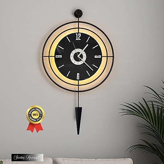 Led'li SİYAH Target Pendulum NERO 24 (Büyük Boy 50*90 cm) Dekoratif Metal Duvar Saati