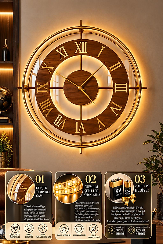 LED ışıklı GOLD ASYA İskandinav (Büyük Boy 50 x 50 cm) Modern Dekoratif Metal Duvar Saati