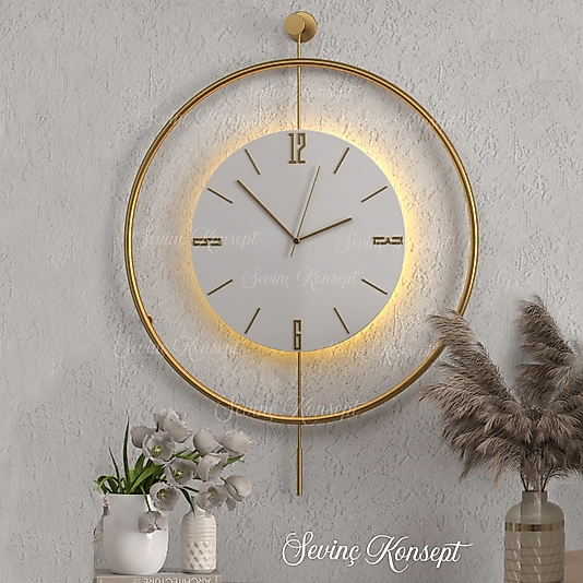 LED'li GOLD Tiktok (Orta Boy 40x60 cm) Nano ABS Kırılmaz Göbek, Modern Dekoratif Sarkaçlı Metal Duvar Saati