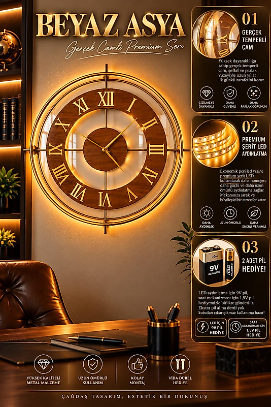 LED ışıklı GOLD ASYA İskandinav (Büyük Boy 50 x 50 cm) Modern Dekoratif Metal Duvar Saati