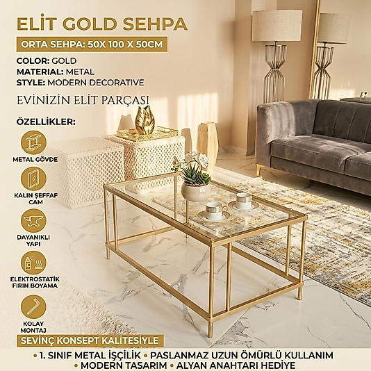 Elit GOLD Orta Sehpa Şeffaf Camlı 54 x 94 CM, Yükseklik 50 cm Modern Dekoratif