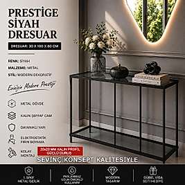 SİYAH Prestige Dresuar, 6 mm Kalın Güvenilir Şeffaf Camlı, Dekoratif Cam Raflı Metal Dresuar Konsol