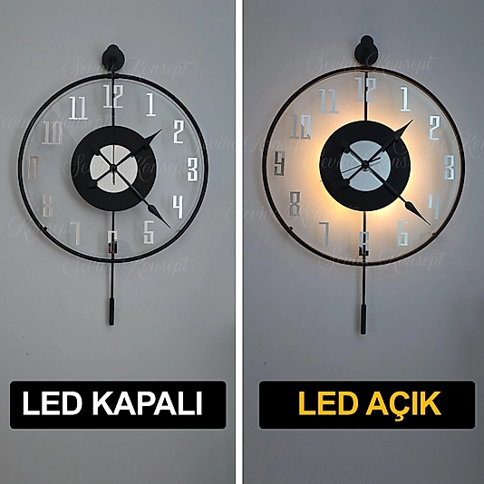 LED li BLACK Latin Siyah Tiktok FACE Gümüş Rakamlı Tiktok (BÜYÜK BOY 50 X 75), Dekoratif Sarkaçlı Duvar Saati