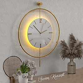 LED'li GOLD Tiktok (Orta Boy 40x60 cm) Nano ABS Kırılmaz Göbek, Modern Dekoratif Sarkaçlı Metal Duvar Saati
