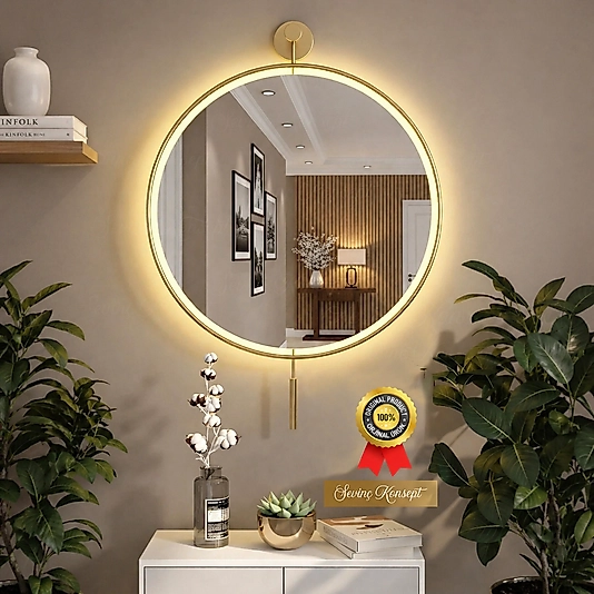 LED'li İzmir Ayna GOLD 60 cm Dekoratif Duvar Salon Mutfak Banyo Makyaj Aynası