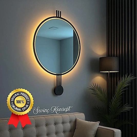LED li SİYAH AMEDİ Ayna 60 cm Dekoratif Hol Koridor Duvar Salon Makyaj Aynası