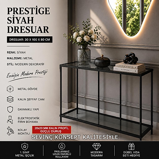 SİYAH Prestige Dresuar, 6 mm Kalın Güvenilir Şeffaf Camlı, Dekoratif Cam Raflı Metal Dresuar Konsol