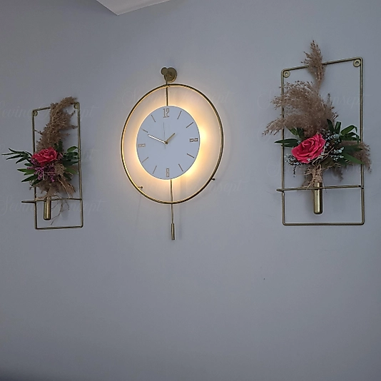 VİP SET 3'LÜ GOLD Tiktok Kristal, Çiçeklikli Modern Dekoratif Sarkaçlı Metal Duvar Saati