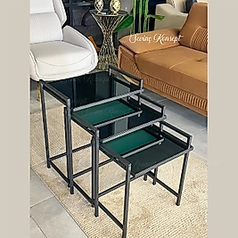 3'lü SİYAH Rana Sehpa, FÜME Aynalı Camlı, Çok Amaçlı Zigon Sehpa, Yan Sehpa, Orta Sehpa, Metal Sehpa