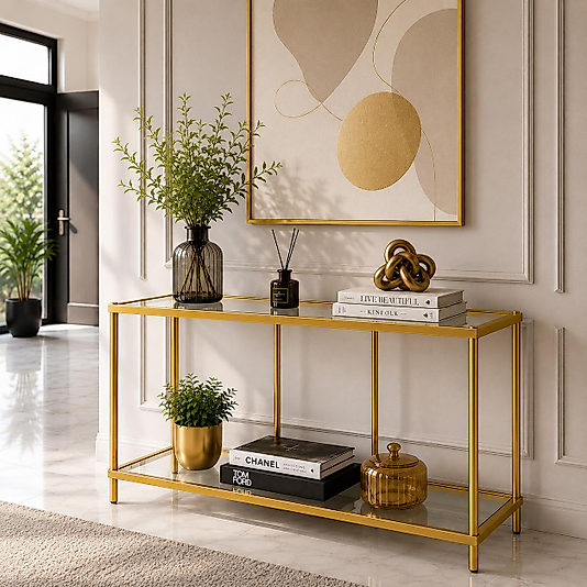 GOLD Prestige Dresuar, 6 mm Kalın Güvenilir Şeffaf Camlı, Dekoratif Cam Raflı Metal Dresuar Konsol