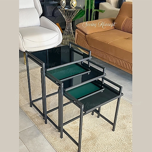 3'lü SİYAH Rana Sehpa, FÜME Aynalı Camlı, Çok Amaçlı Zigon Sehpa, Yan Sehpa, Orta Sehpa, Metal Sehpa