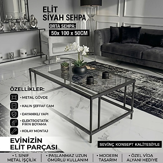 Elit SİYAH Orta Sehpa Şeffaf Camlı 54 x 94 CM, Yükseklik 50 cm Modern Dekoratif