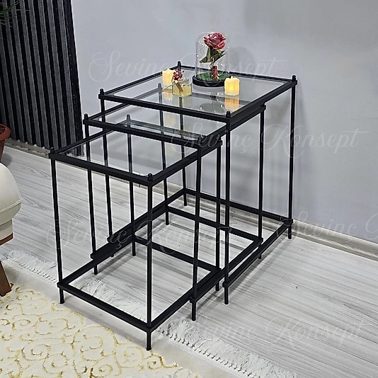 3 lü Vera Black Şeffaf Camlı, Çok Amaçlı Metal Zigon Yan Sehpa