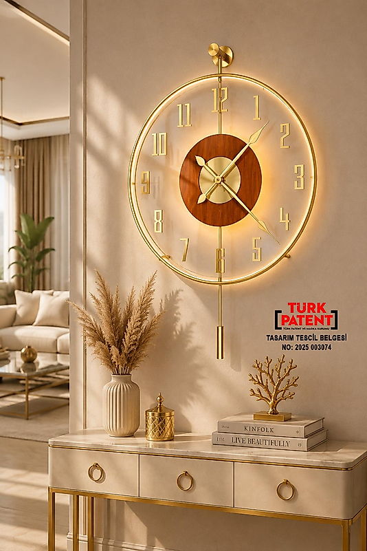 LED'li Golden Latin Tiktok Face (BÜYÜK BOY 50 x 75 cm) Modern Dekoratif Sarkaçlı Metal Duvar Saati