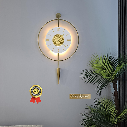 Led'li Gold Pendulum Lotus Tiktok Kristal (Büyük Boy 50 X 90 Cm), Dekoratif Metal Duvar Saati
