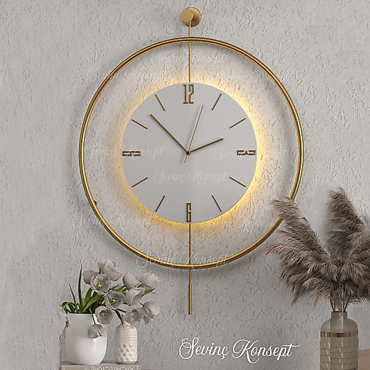 LED'li GOLD Tiktok (Orta Boy 40x60 cm) Nano ABS Kırılmaz Göbek, Modern Dekoratif Sarkaçlı Metal Duvar Saati
