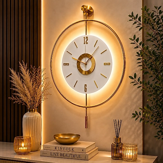 LED'li GOLD Tiktok Orjin (BÜYÜK BOY 50 x 75 CM) Nano ABS Kırılmaz Göbek, Modern Dekoratif Sarkaçlı Metal Duvar Saati