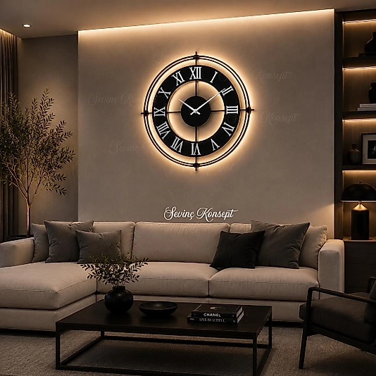 LED ışıklı SİYAH ASYA İskandinav (Büyük Boy 50 x 50 cm) Modern Dekoratif Metal Duvar Saati