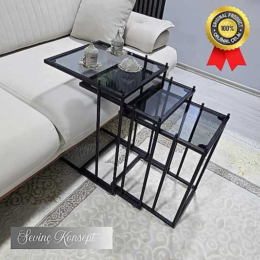 3'lü SİYAH Tekerlekli C Sehpa, FÜME CAM, Güvenilir 6 mm Kalın Camlı, Çok Amaçlı Metal Zigon Sehpa