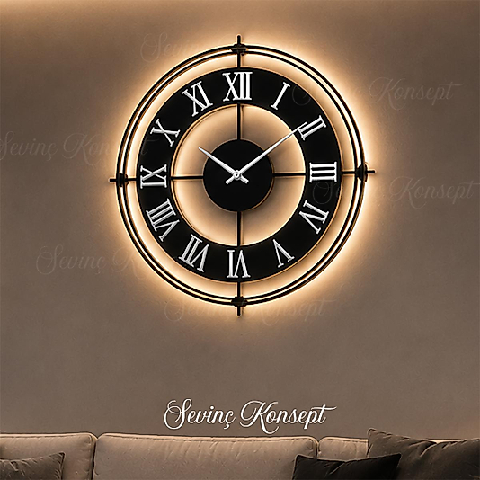 LED ışıklı SİYAH ASYA İskandinav (Büyük Boy 50 x 50 cm) Modern Dekoratif Metal Duvar Saati