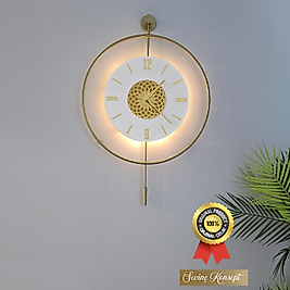 Led'li Gold Lotus Tiktok Kristal (Büyük Boy 50 X 75 Cm), Modern Dekoratif Sarkaçlı Metal Duvar Saati