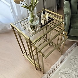 3'lü GOLD Rana Sehpa, Şeffaf Camlı, Çok Amaçlı Zigon Sehpa, Yan Sehpa, Orta Sehpa, Metal Sehpa