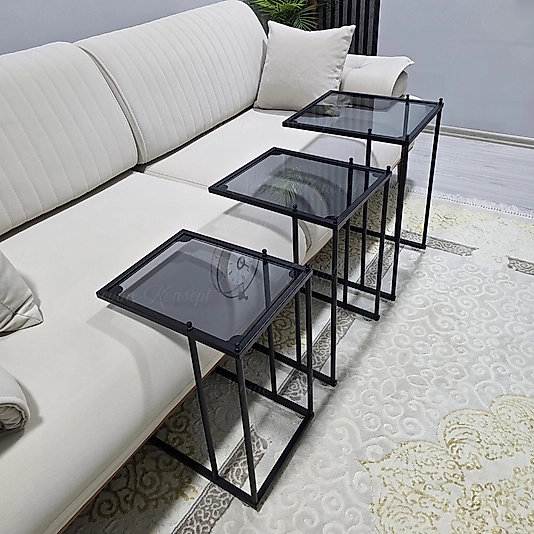 3'lü SİYAH Tekerlekli C Sehpa, FÜME CAM, Güvenilir 6 mm Kalın Camlı, Çok Amaçlı Metal Zigon Sehpa