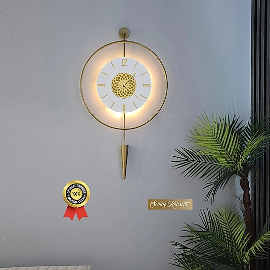 Led'li Gold Pendulum Lotus Tiktok Kristal (Büyük Boy 50 X 90 Cm), Dekoratif Metal Duvar Saati